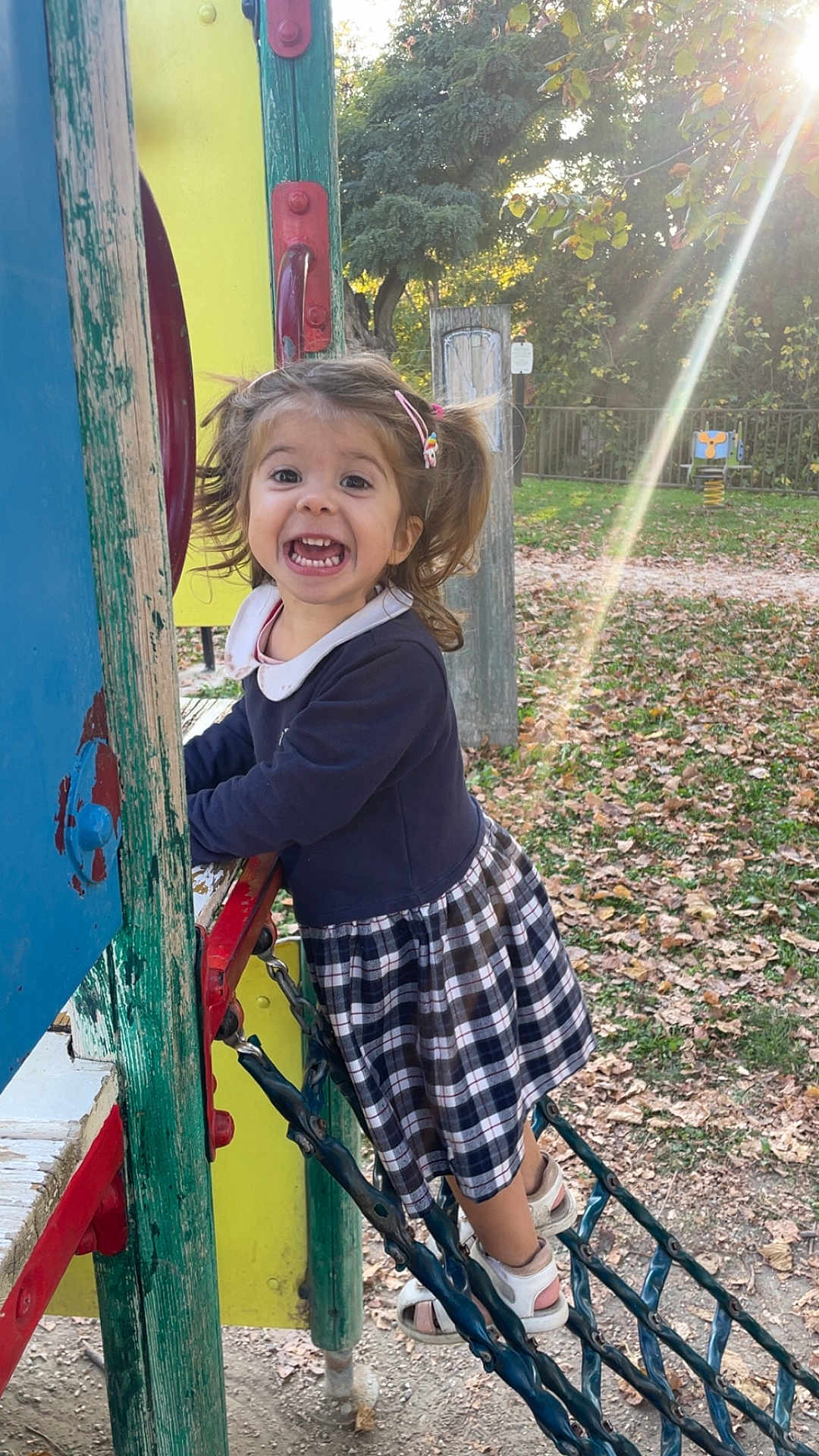 Laura participe au concours pour gagner de l'argent avec cette photo : child, girl, playground, climbing, smiling, pigtails, outdoor, autumn, leaves, sunlight, happy, dress, sandals, nature, trees, play_equipment, daylight, fun, park, excited