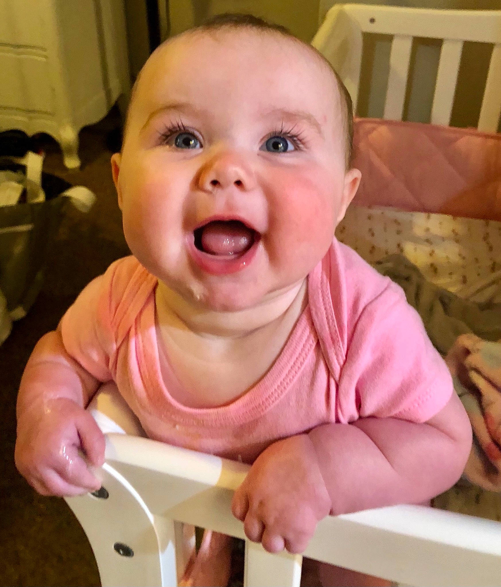 Stephanie joined the competition — help win amazing prizes! baby, baby_grabbing_for_something, baby_playing_with_food, baby_safety, baby_toddler_clothing, cheek, child, chin, facial_expression, finger, happy, lip, mouth, nose, person, pink, product, skin, smile, thumb