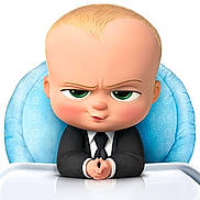 Mayron participe au concours pour gagner de l'argent avec cette photo : animated_character, baby, background_white, black_suit, blonde_hair, blue_chair, cartoon, child_character, confident_expression, digital_art, facial_expression, green_eyes, hands_together, head, high_chair, infant, seated, smirk, stylized, tie