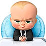 animated_character, baby, background_white, black_suit, blonde_hair, blue_chair, cartoon, child_character, confident_expression, digital_art, facial_expression, green_eyes, hands_together, head, high_chair, infant, seated, smirk, stylized, tie