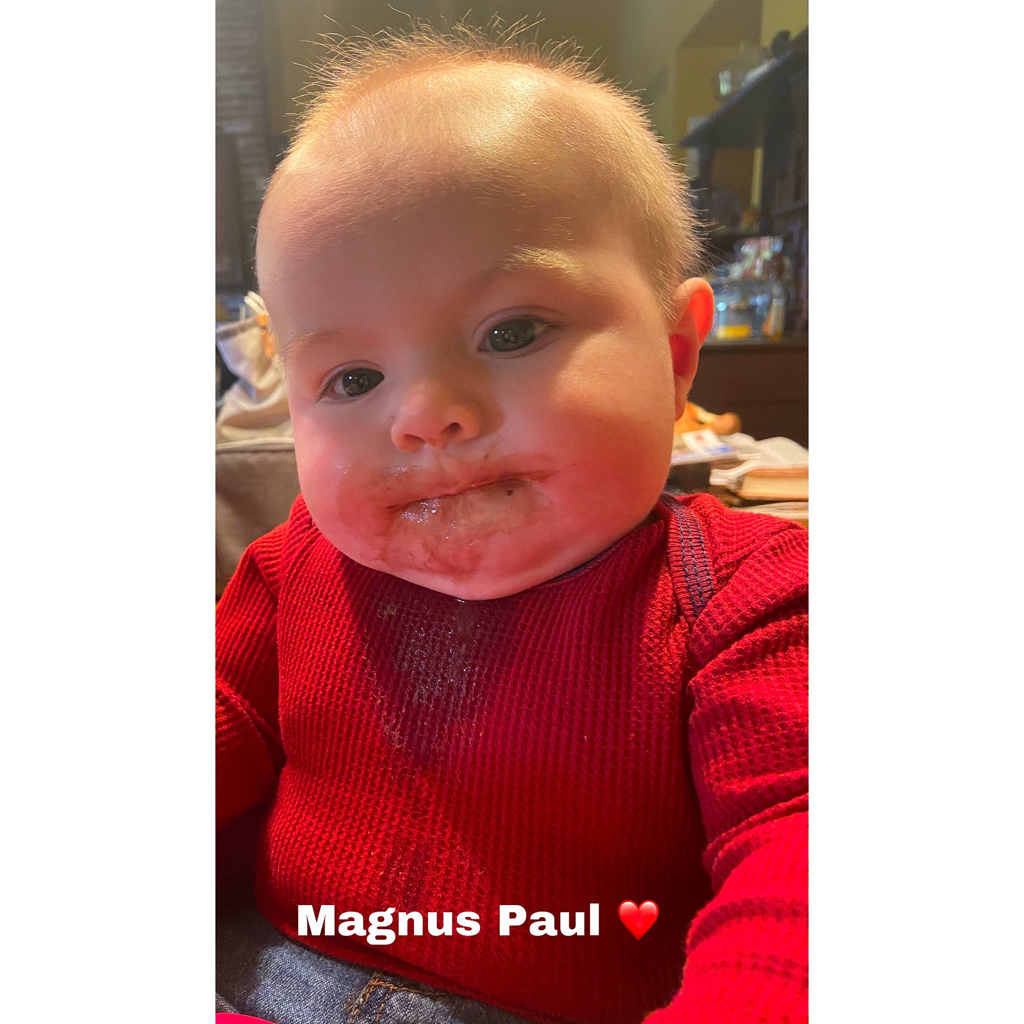 Magnus is registered to the contest to win money with this photo: baby, baby_products, baby_toddler_clothing, cheek, child, collar, cool, ear, eyelash, happy, iris, lip, nose, pattern, person, portrait_photography, shirt, sitting, sleeve, t_shirt