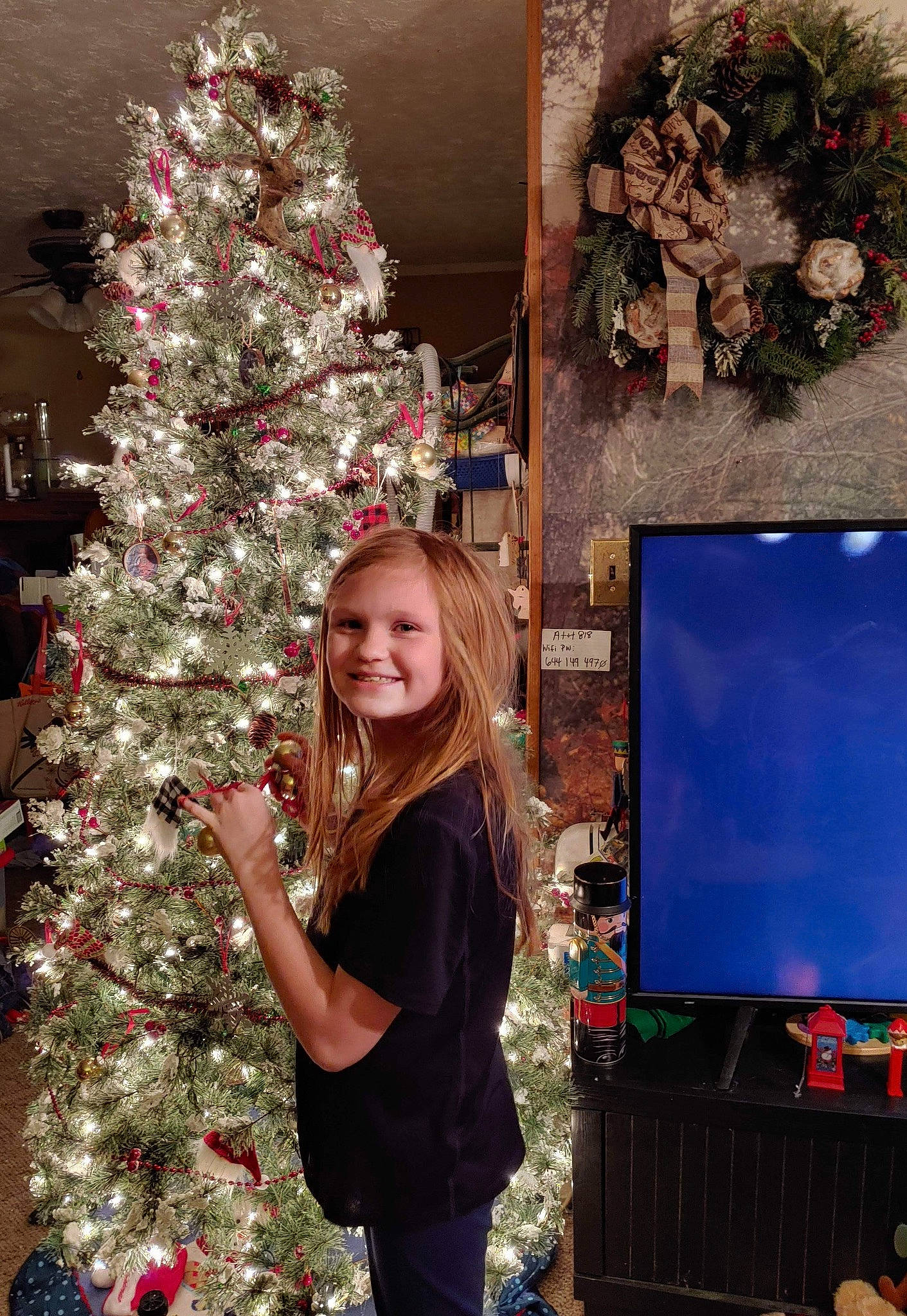 Emme is registered to the contest to win money with this photo: branch, christmas_decoration, christmas_ornament, christmas_tree, community, evergreen, fun, happy, human_body, joy, leaf, lighting, organ, ornament, people, person, photograph, pink, smile, standing