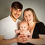 baby, child, couple, family, smile, portrait, people, happy, indoor, young_adult, holding, casual_clothing, love, togetherness, studio, light_skin, short_hair, long_hair, male, female