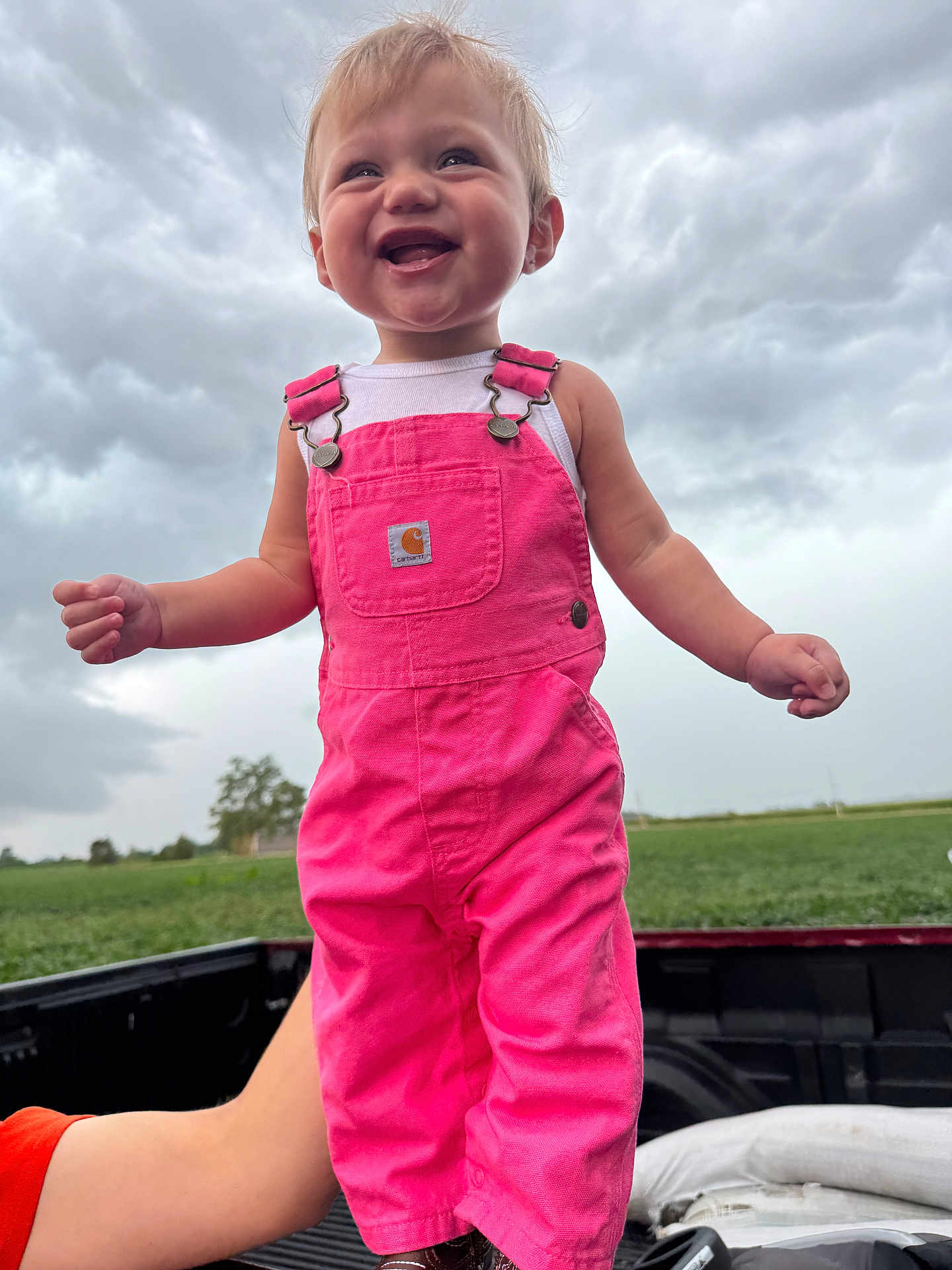 Brianna is registered to the contest to win money with this photo: toddler, child, pink_overalls, smiling, outdoor, cloudy_sky, truck_bed, green_field, happy, person, clothing, nature, grass, daylight, portrait, cute, young_child, standing, casual, fun