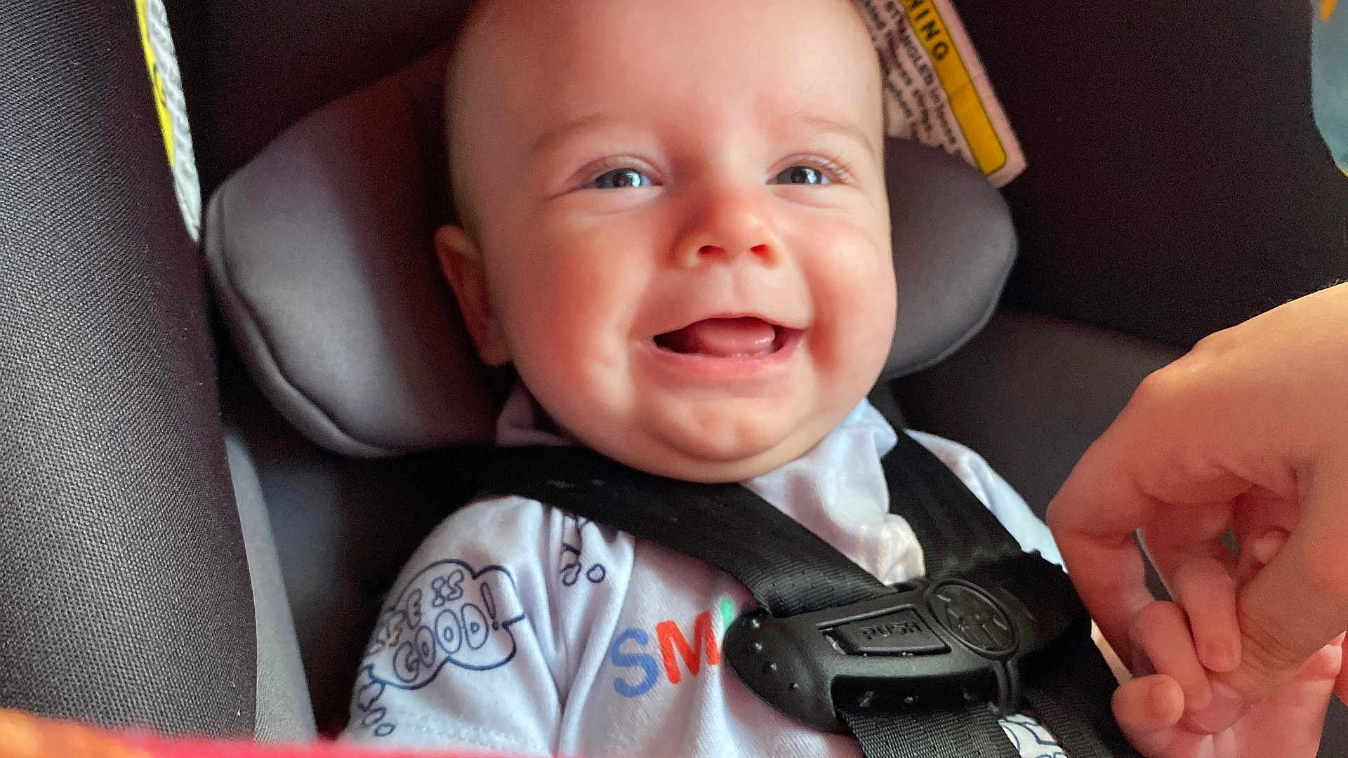 Matt joined the competition — help win amazing prizes! baby, car_interior, car_seat, cheeks, chubby, closeup, clothing, cute, eyes, hand, happy, harness, infant, onesie, passenger, portrait, safety_label, seat_belt, smiling, teeth