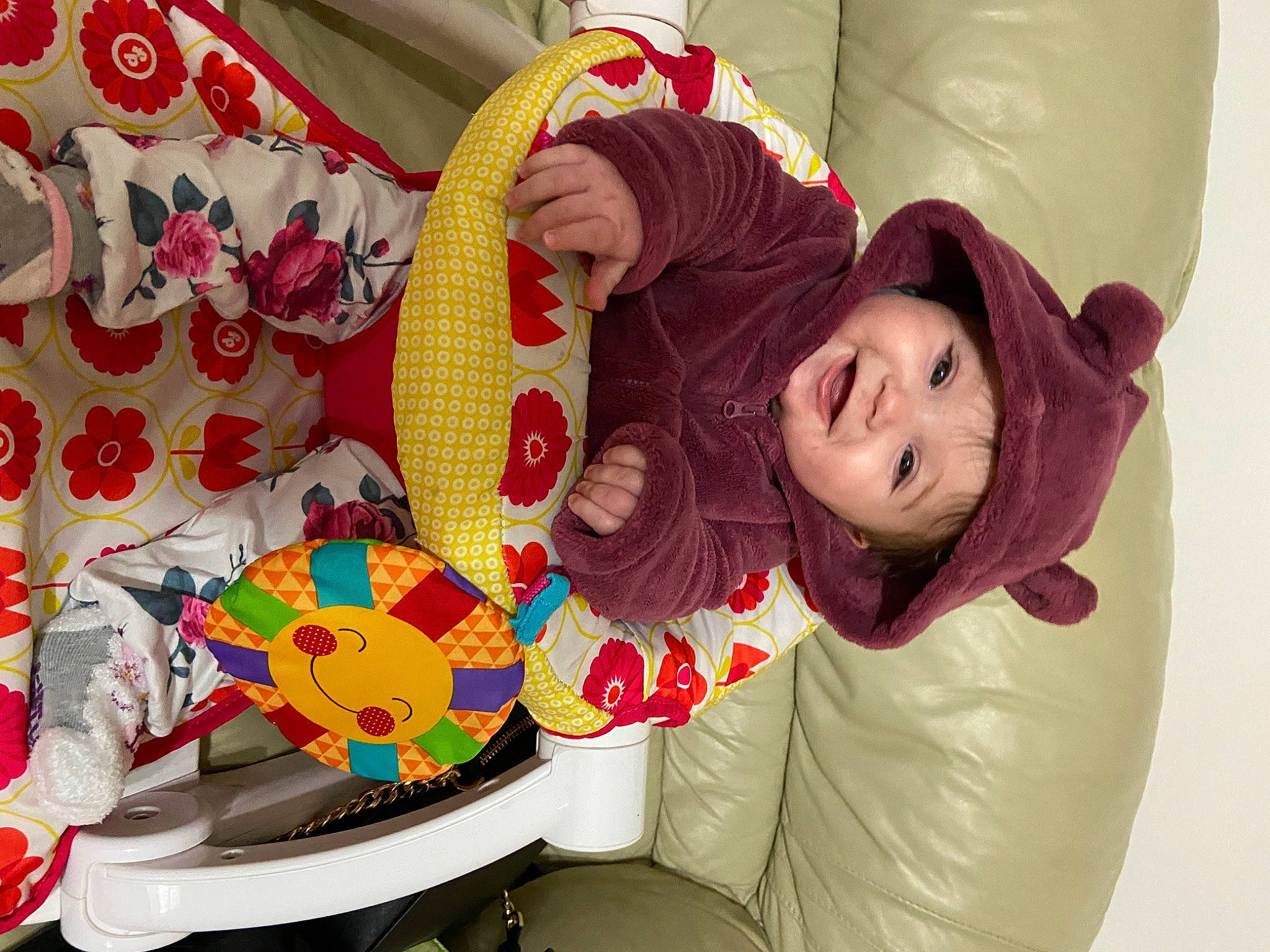 Elliana is registered to the contest to win money with this photo: carmine, chair, child, christmas_eve, comfort, event, fictional_character, fun, happy, headwear, holiday, lap, leisure, linens, magenta, mammal, pattern, person, pink, plant