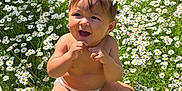 Isabella joined the competition — help win amazing prizes! baby, child, flower_crown, diaper, daisies, grass, outdoor, sunlight, smiling, happy, nature, greenery, cute, sitting, head, barefoot, summer, young, portrait, flora