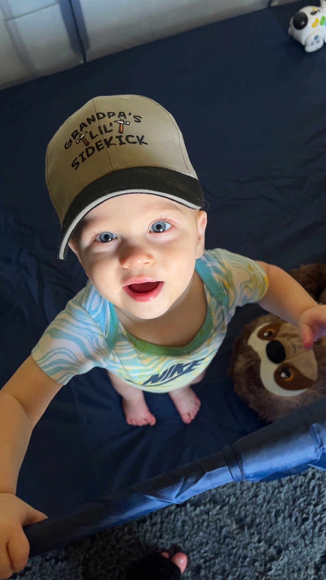 Jaxson is registered to the contest to win money with this photo: toddler, child, cap, smiling, blue_eyes, plush_toy, sloth, playpen, indoor, baby, clothing, footwear, carpet, person, cute, looking_up, holding, text_on_clothing, happy, soft_toys