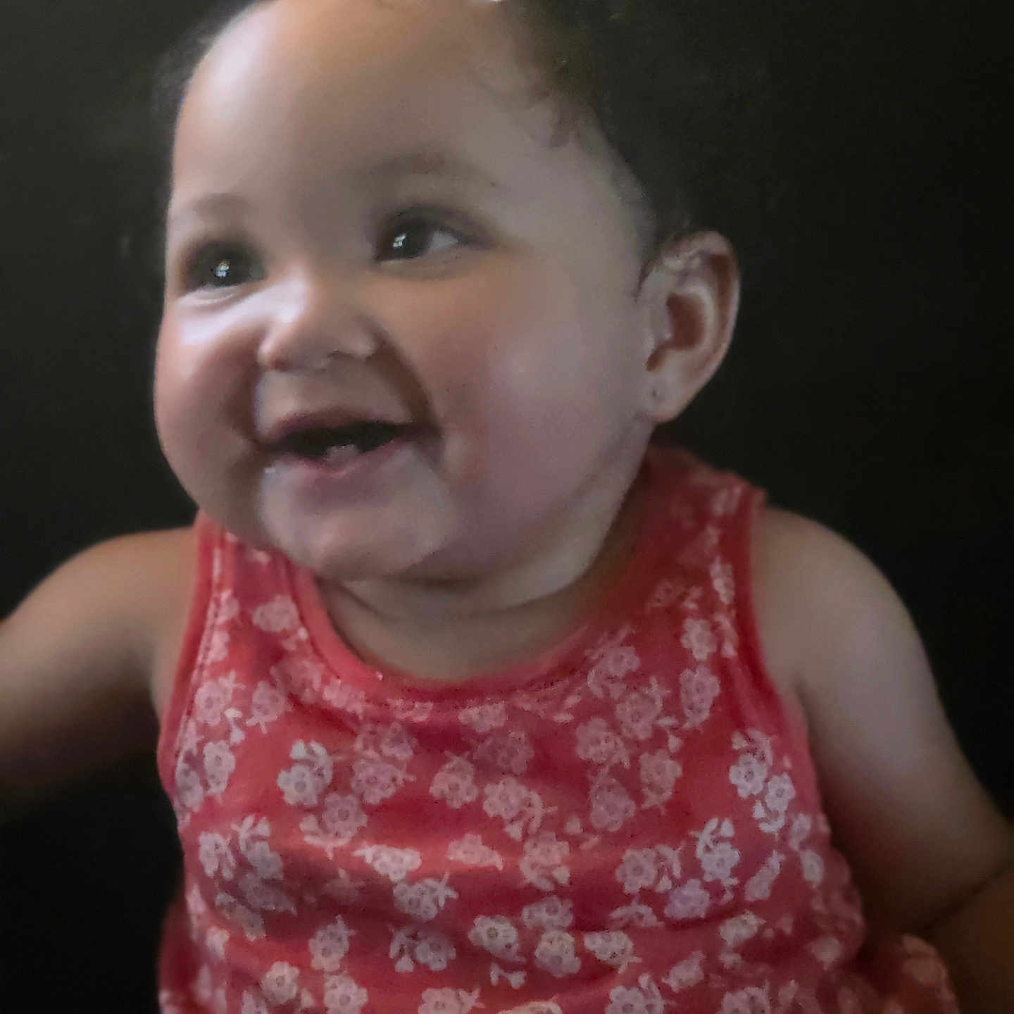 La'Vajah joined the competition — help win amazing prizes! toddler, child, smiling, happy, face, portrait, red_dress, floral_pattern, baby, cute, innocence, dark_background, closeup, skin, hair, earrings, expression, person, young_child, cheerful