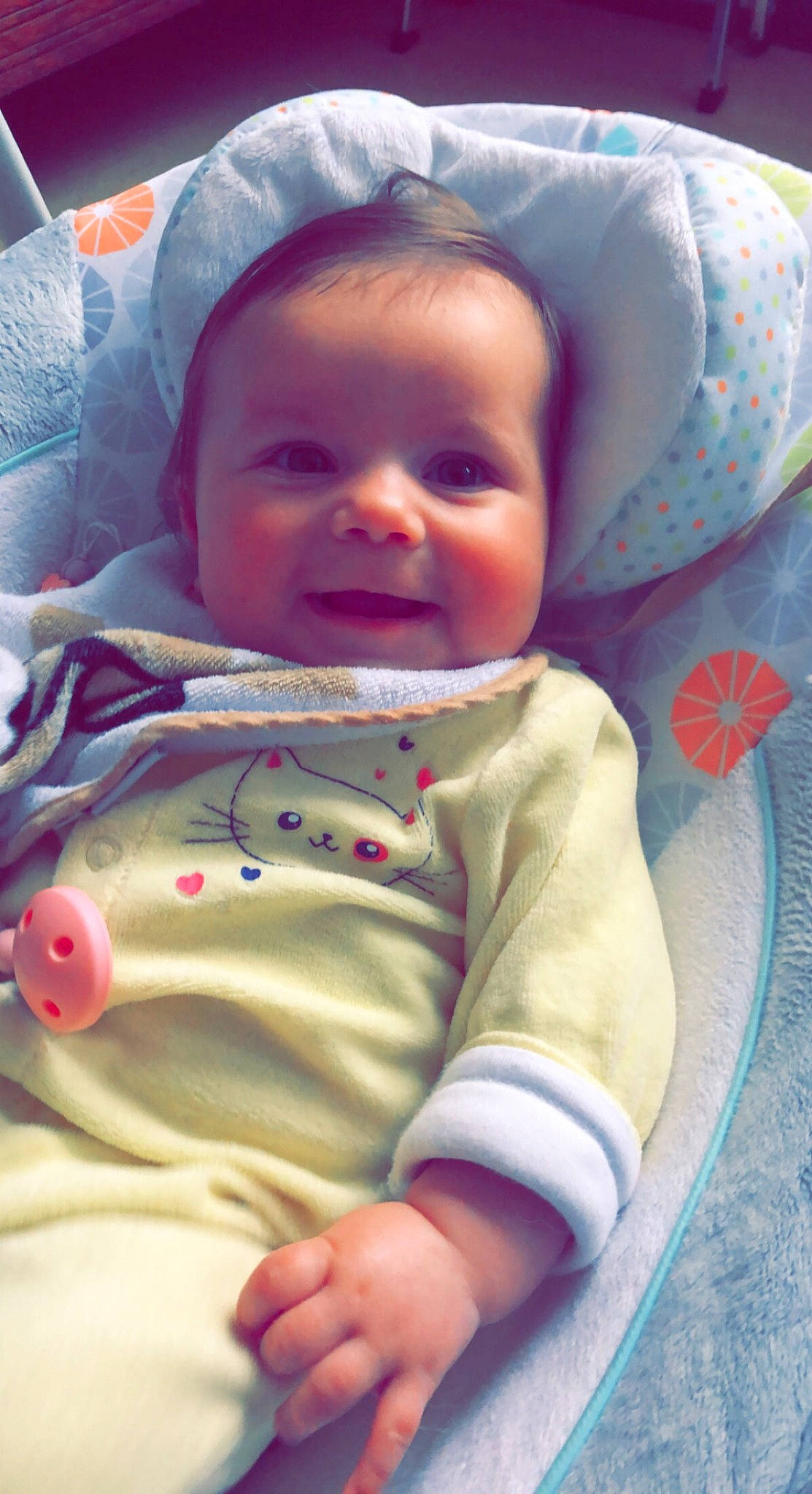 Candice participe au concours pour gagner de l'argent avec cette photo : baby, baby_products, baby_toddler_clothing, bedtime, cheek, child, chin, comfort, face, happy, joy, linens, mouth, nose, pattern, person, product, skin, sleeve, smile