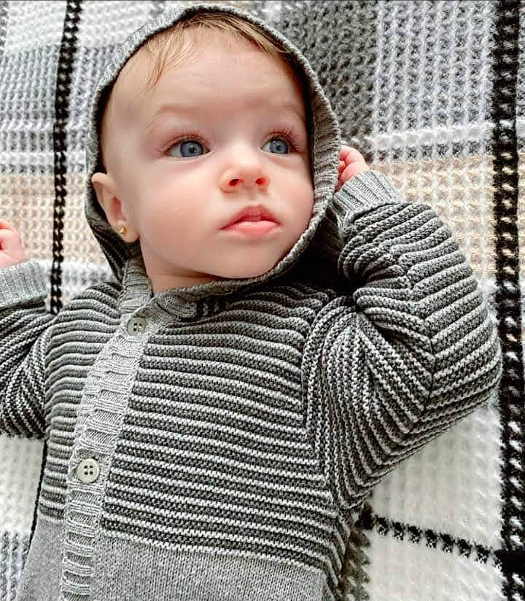 Eva joined the competition — help win amazing prizes! baby, baby_toddler_clothing, beauty, cheek, child, comfort, eyelash, face, grey, happy, linens, lip, neck, pattern, person, product, skin, sleeve, t_shirt, textile