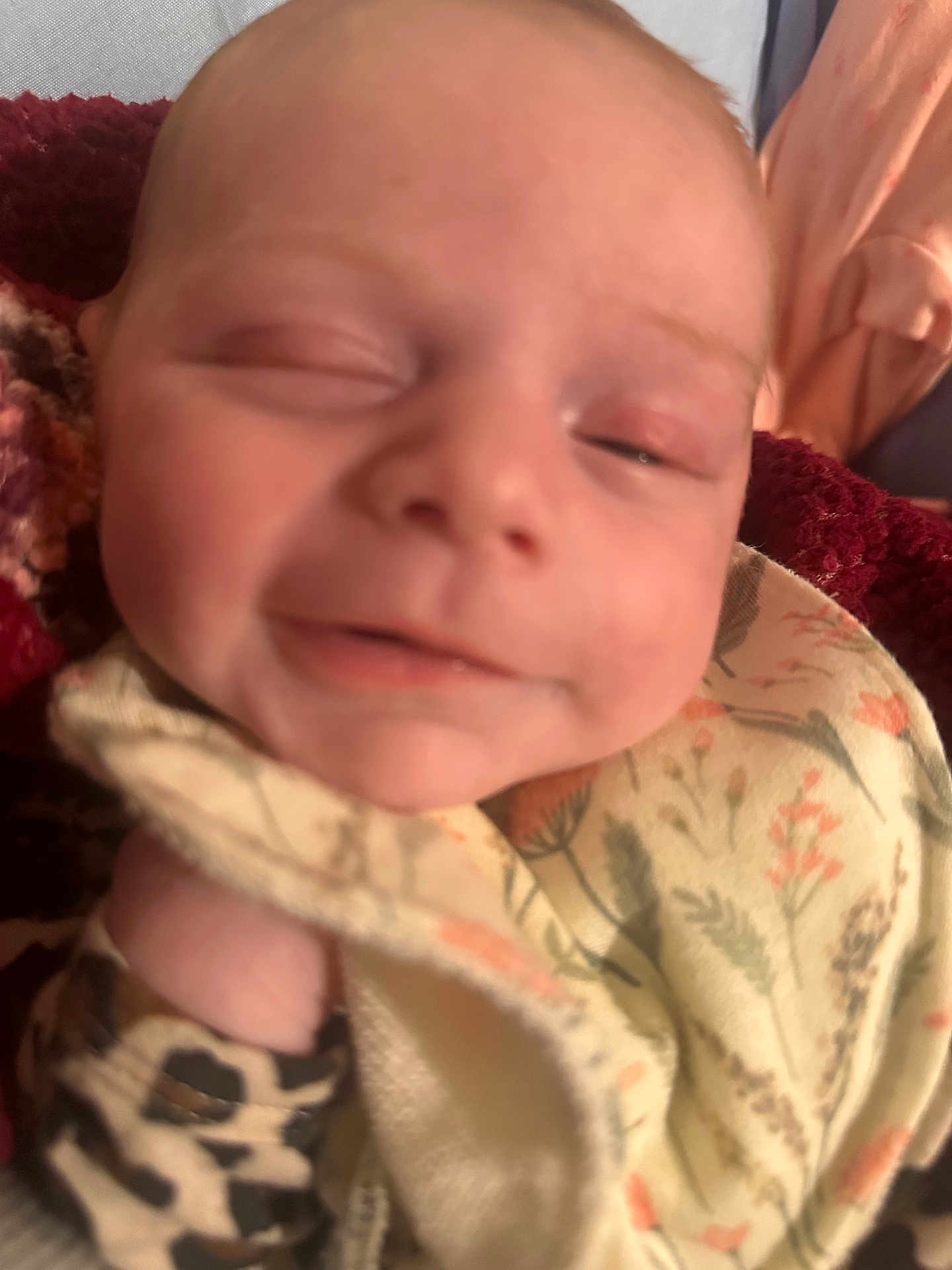 Summer joined the competition — help win amazing prizes! baby, close_up, smile, blanket, floral_pattern, leopard_print, infant, face, skin, comfort, soft, child, young, cute, cozy, sleepy, apparel, expression, indoors, portrait
