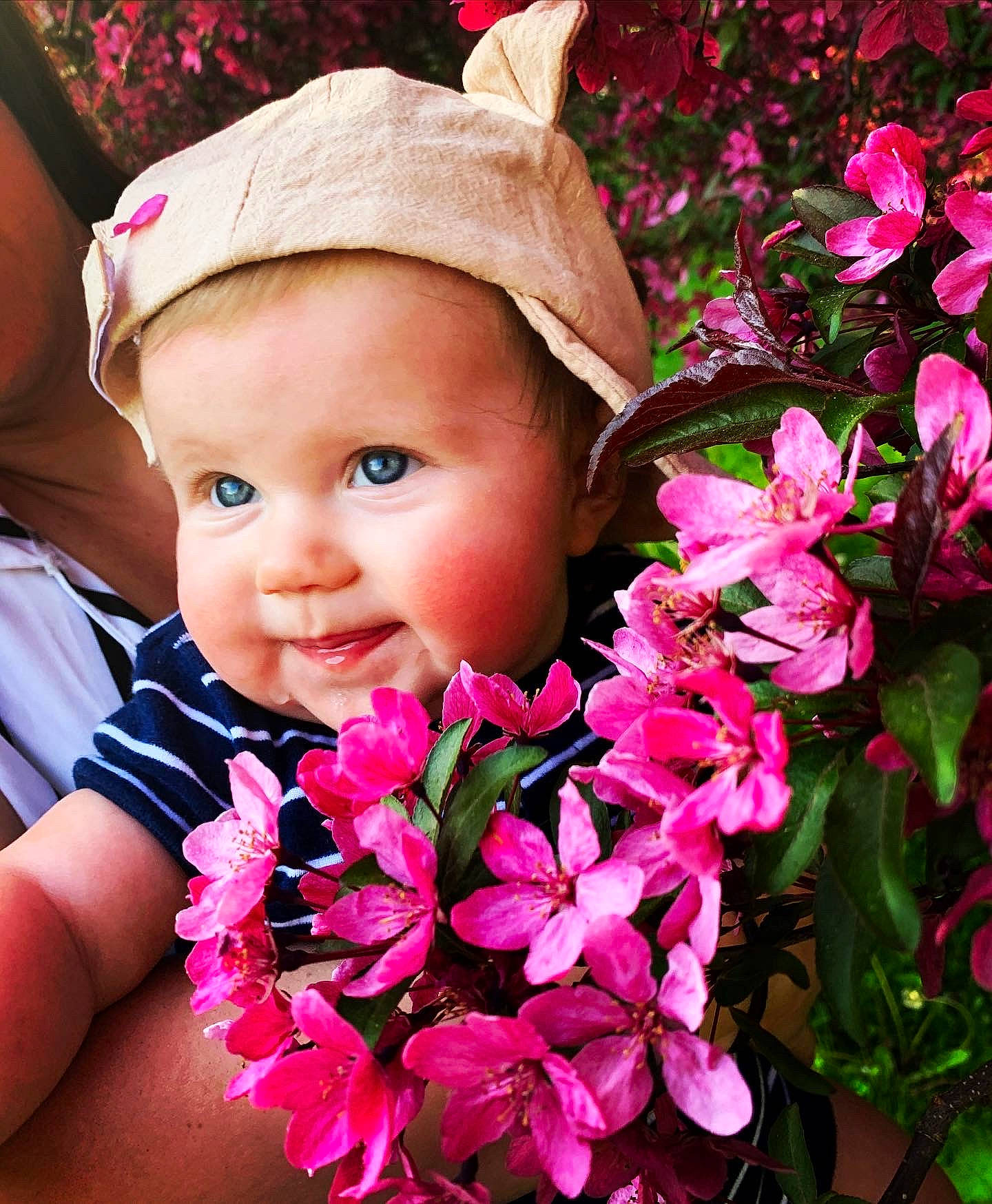 Kelsey joined the competition — help win amazing prizes! baby, child, child_model, daphne, fashion_accessory, flower, flowering_plant, happy, headgear, headwear, impatiens, lei, person, petal, pink, plant, spring, toddler
