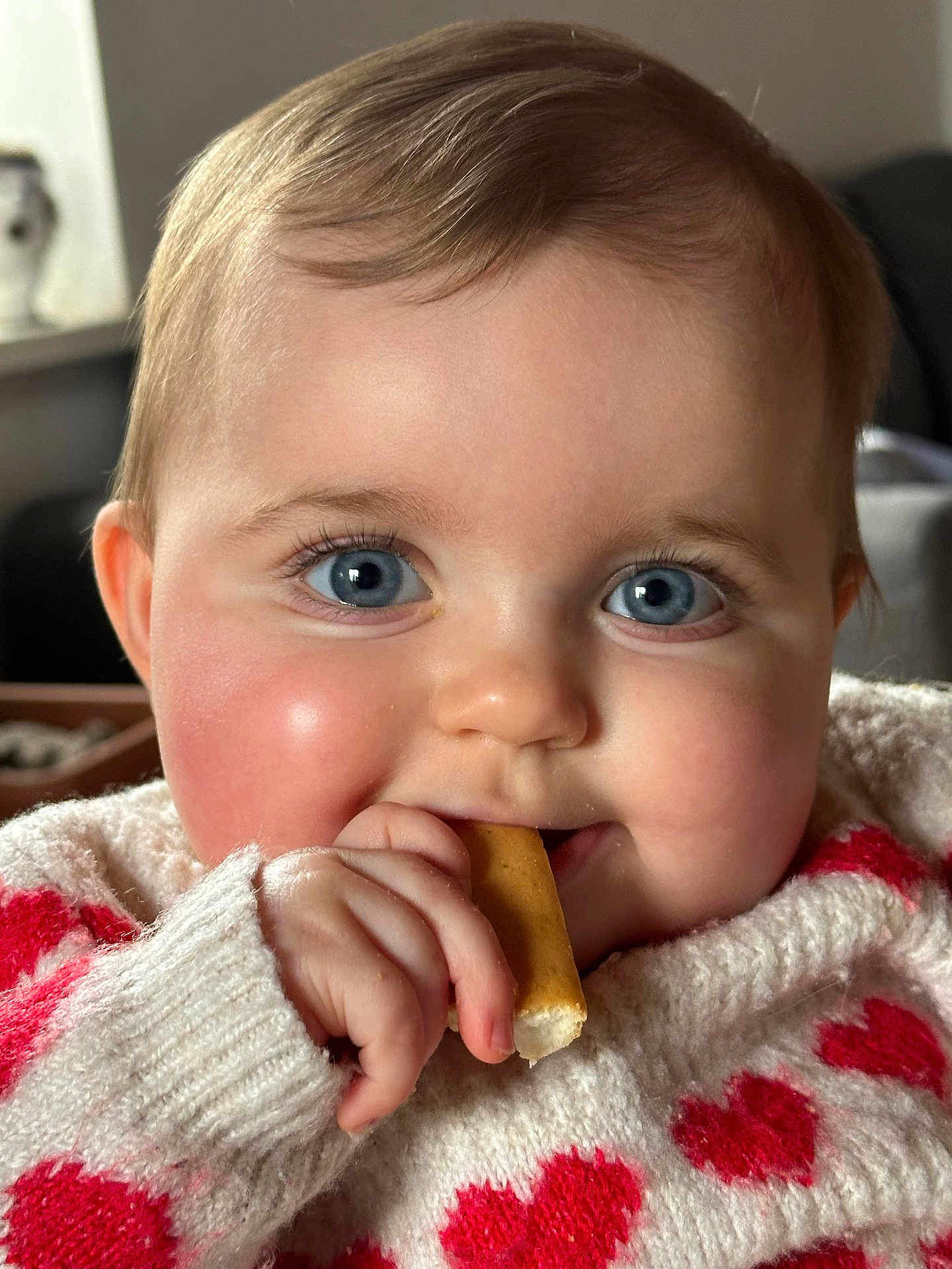 Ambre a rejoint le concours — aidez-le/la à gagner de superbes lots ! baby, face, blue_eyes, cheeks, hand, biscuit, sweater, red_hearts, knitted, closeup, cute, child, indoor, person, skin, fingernails, warm, cozy, expression, happy
