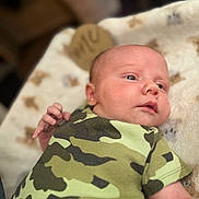 Theodore joined the competition — help win amazing prizes! baby, infant, camouflage_clothing, blanket, soft_texture, lying_down, face, skin, hand, curious, young_child, indoors, cozy, newborn, portrait, closeup, cute, person, sleepwear, relaxed
