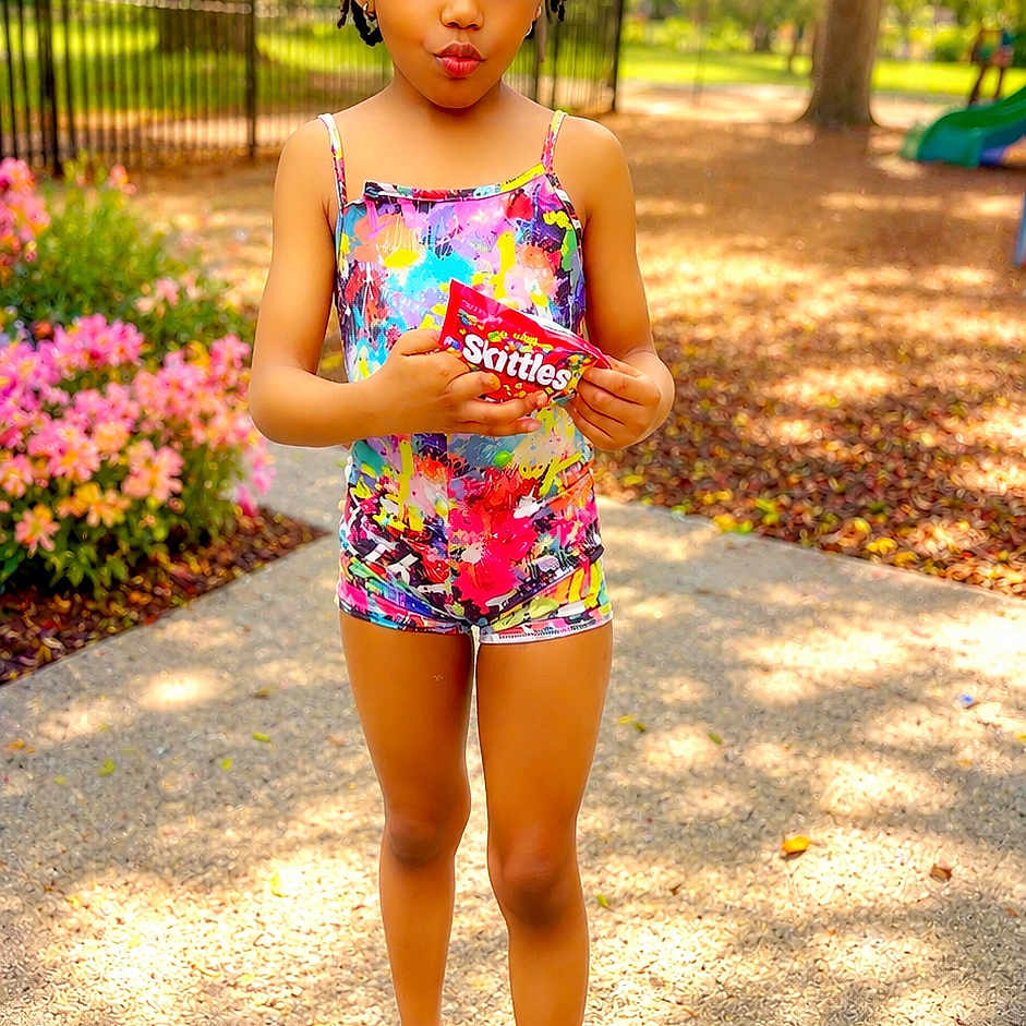 Zeezee joined the competition — help win amazing prizes! child, girl, colorful_clothing, outdoor, park, pathway, flowers, trees, daylight, skittles, holding, footwear, sandals, playful_expression, standing, nature, greenery, sunlight, pavement, summer