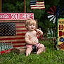american_flag, beverage, bottle, child, coca_cola, crate, food, grass, hot_dog, nostalgia, outdoor, patriotic, playful, portrait, red_white_blue, shorts, smile, summer, toddler, vintage_sign