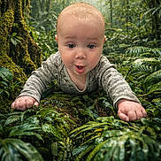 Mylann participe au concours pour gagner de l'argent avec cette photo : baby, infant, forest, greenery, plants, nature, crawling, curious, outdoor, moss, leaves, trees, child, exploration, young, cute, portrait, wide_eyes, expression, daylight