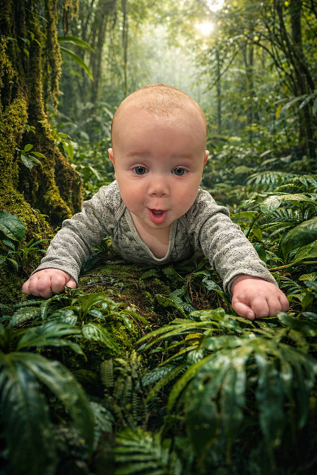 Mylann participe au concours pour gagner de l'argent avec cette photo : baby, infant, forest, greenery, plants, nature, crawling, curious, outdoor, moss, leaves, trees, child, exploration, young, cute, portrait, wide_eyes, expression, daylight