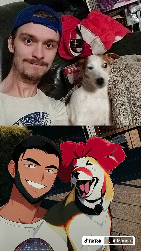 Noisette participe au concours pour gagner de l'argent avec cette photo : art, baseball_cap, beard, cap, carnivore, companion_dog, cool, dog, eyewear, face, facial_expression, fashion, gesture, happy, head, mammal, people, smile, vertebrate, white