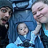 baby, stroller, man, woman, outdoor, family, smile, happy, child, beanie, clothing, nature, trees, portrait, expression, face, parent, childcare, casual, daylight
