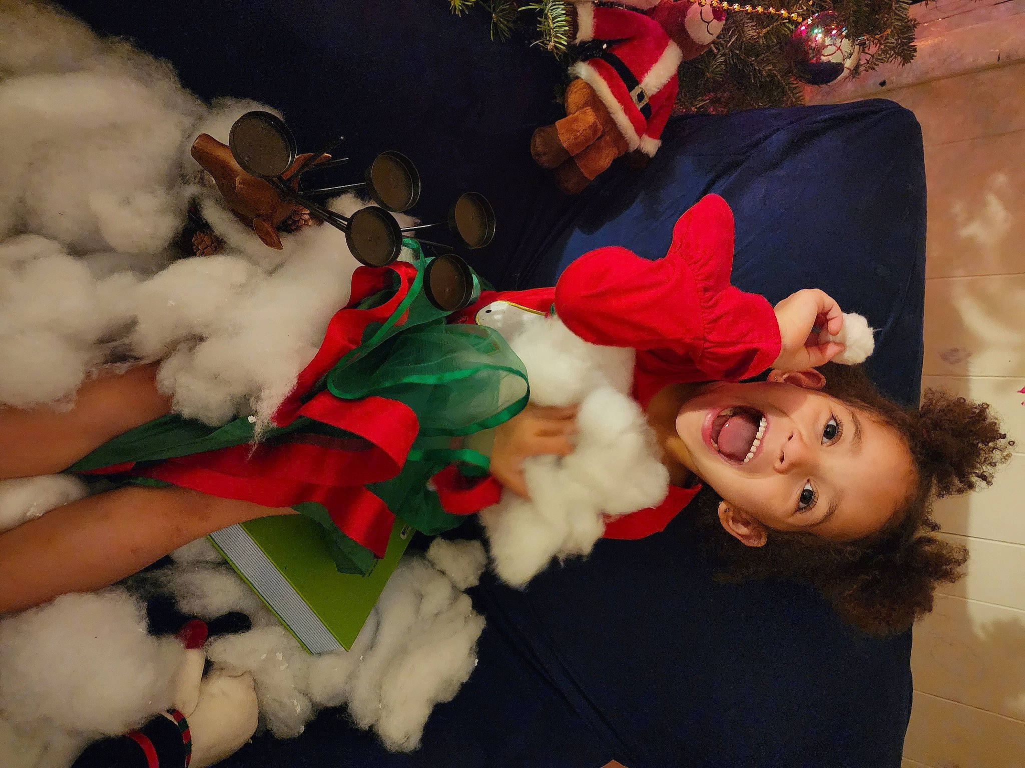 Arlia is registered to the contest to win money with this photo: carmine, christmas, christmas_eve, christmas_ornament, costume_hat, event, fictional_character, fun, fur, fur_clothing, happy, hat, holiday, lap, person, petal, plant, santa_claus, smile, toy