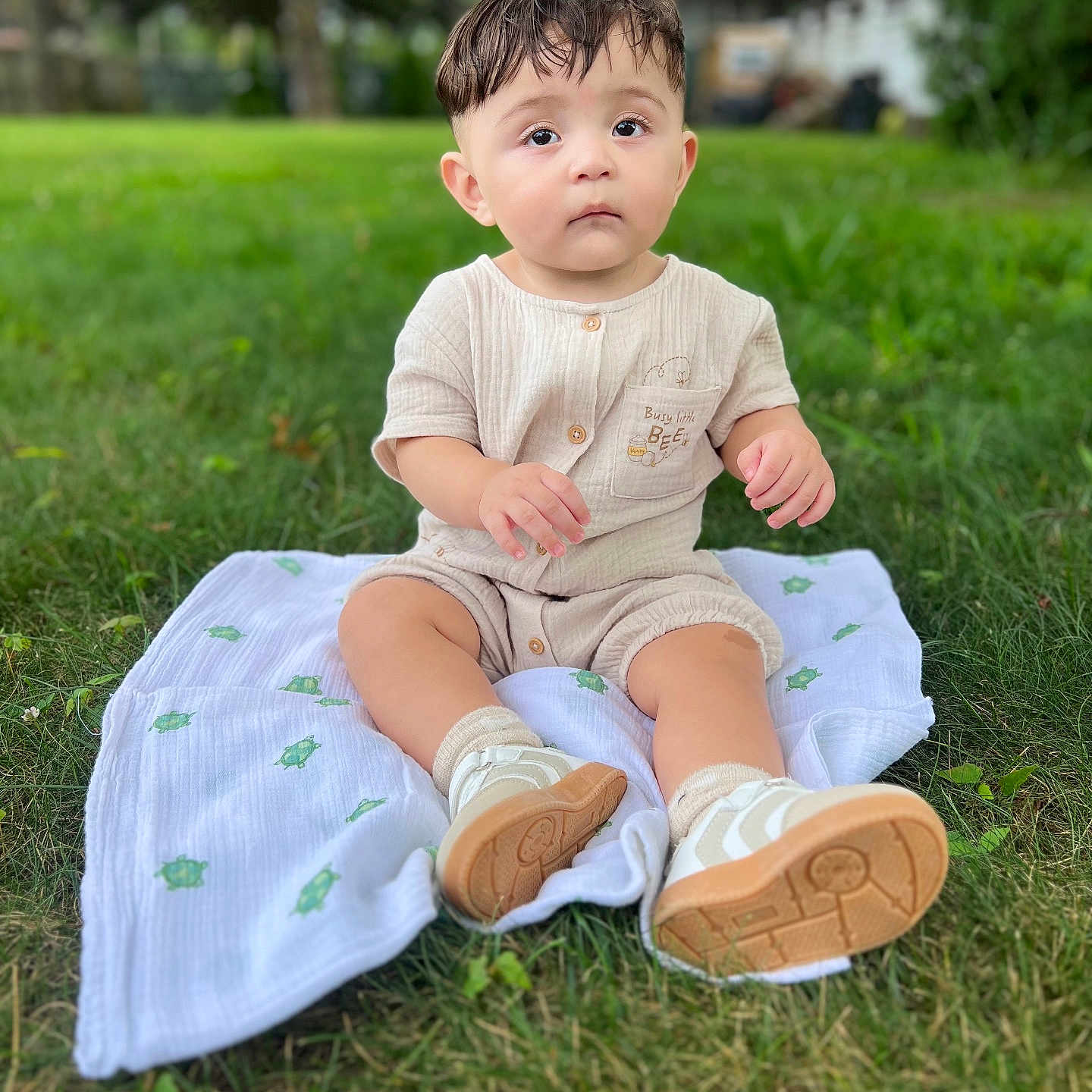 Noah Jose Galeano is registered to the contest to win money with this photo: baby, blanket, casual_clothing, child, curious, cute, daylight, expression, footwear, grass, greenery, infant, nature, outdoor, portrait, romper, shoes, sitting, soft_texture, young_child
