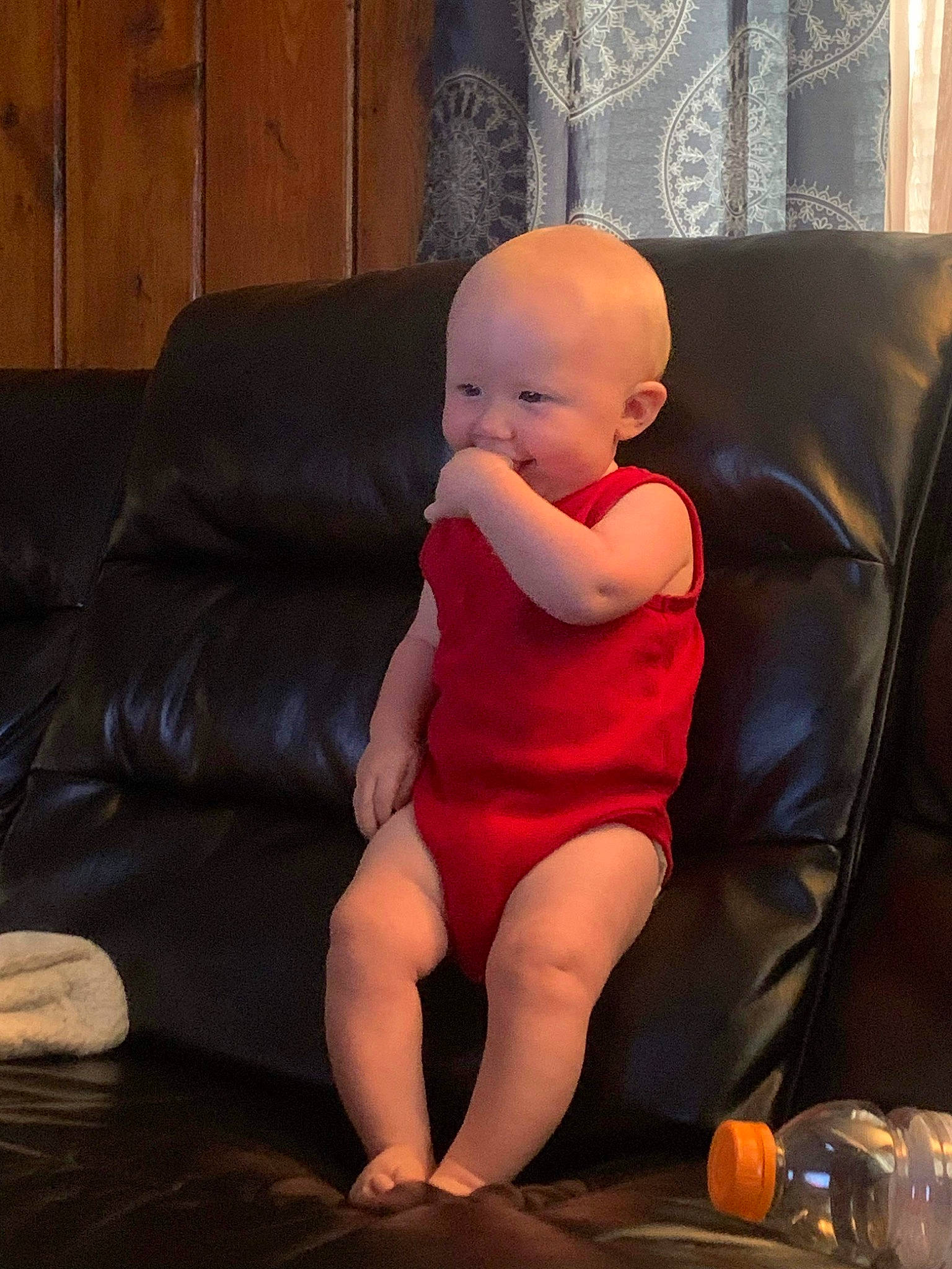 Axle is registered to the contest to win money with this photo: baby, child, comfort, couch, floor, flooring, foot, fun, human_leg, knee, lap, living_room, person, pillow, sitting, sofa_bed, studio_couch, textile, thigh, toddler