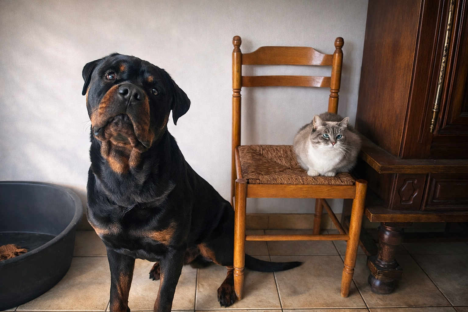 Skog participe au concours pour gagner de l'argent avec cette photo : rottweiler, dog, cat, wooden_chair, indoor, pet, floor_tile, furniture, animal, companion, resting, blue_eyes, fur, black_and_tan, domestic, cozy, portrait, floor, curious, calm
