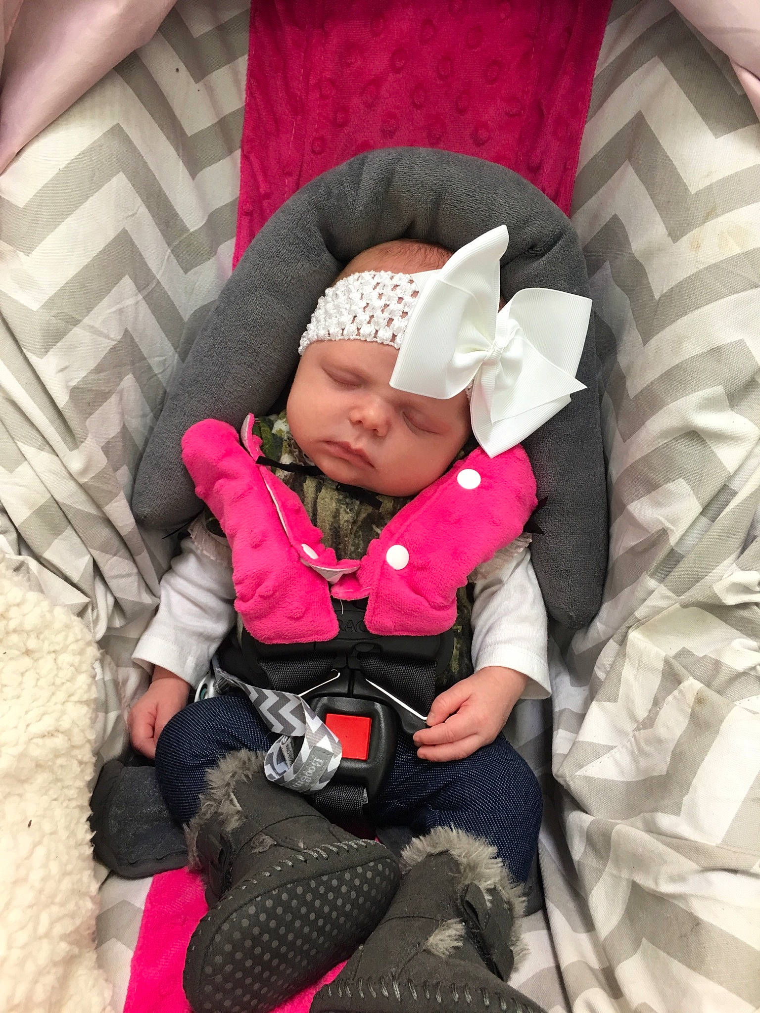 Alaska is registered to the contest to win money with this photo: baby_carriage, baby_products, car_seat, child, cool, day, headgear, headwear, infant, person, pink, product, skin, textile, toddler