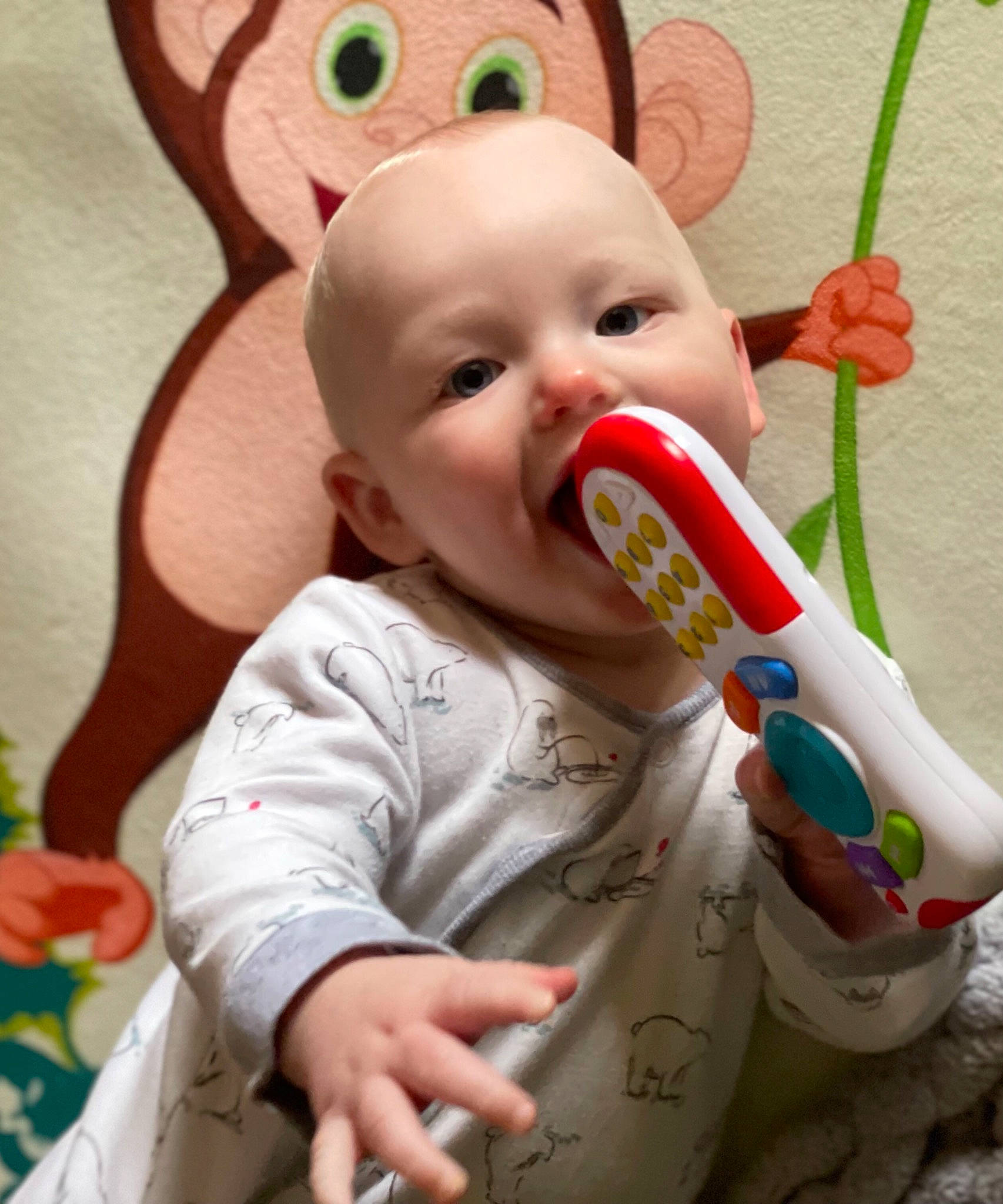 Tyrael is registered to the contest to win money with this photo: baby, baby_playing_with_toys, baby_toddler_clothing, cheek, ear, eye, face, facial_expression, green, happy, head, human_body, iris, mouth, nose, person, product, skin, sleeve, textile