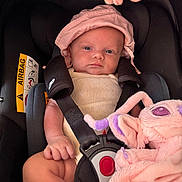 Solé participe au concours pour gagner de l'argent avec cette photo : baby, car_seat, infant, child, pink_hat, plush_toy, straps, safety_belt, cute, small_hand, soft_toy, indoor, closeup, seat, child_protection, serious_face, infant_clothing, car_safety, captive, adorable