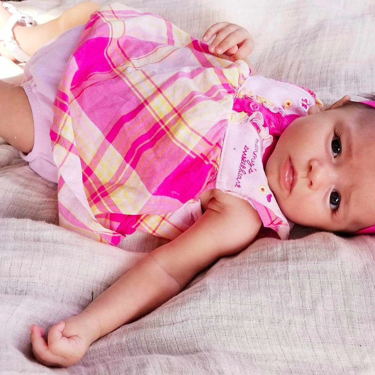 Faithlynn joined the competition — help win amazing prizes! baby, baby_toddler_clothing, beauty, bedding, cheek, child, design, face, hair_accessory, hand, head, headgear, linens, lip, pattern, pink, product, skin, textile, toddler