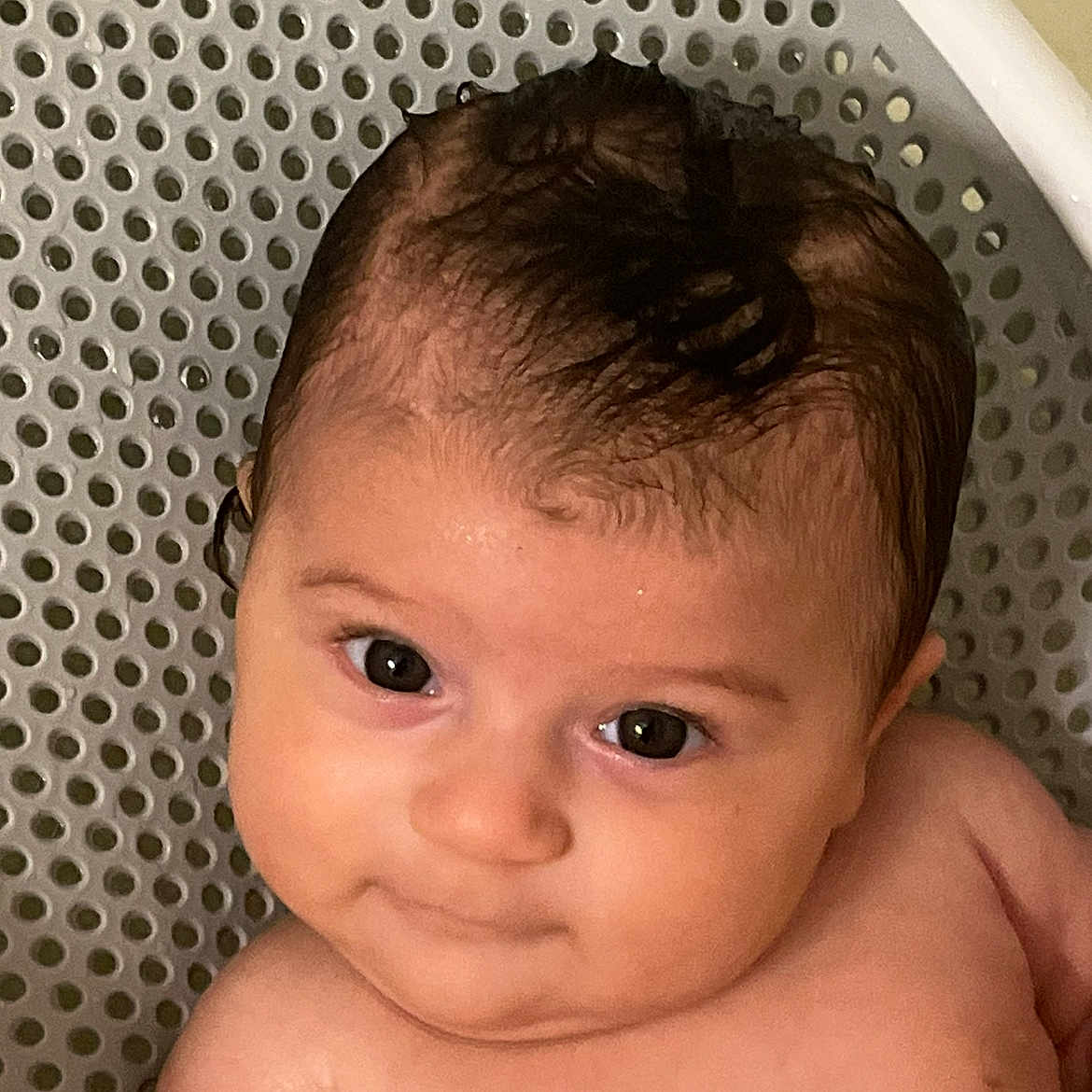 Isabella joined the competition — help win amazing prizes! baby, child, closeup, cute, expression, face, fresh, head, health, indoors, infant, person, portrait, relaxation, skin, smile, tub, water, wet_hair, young