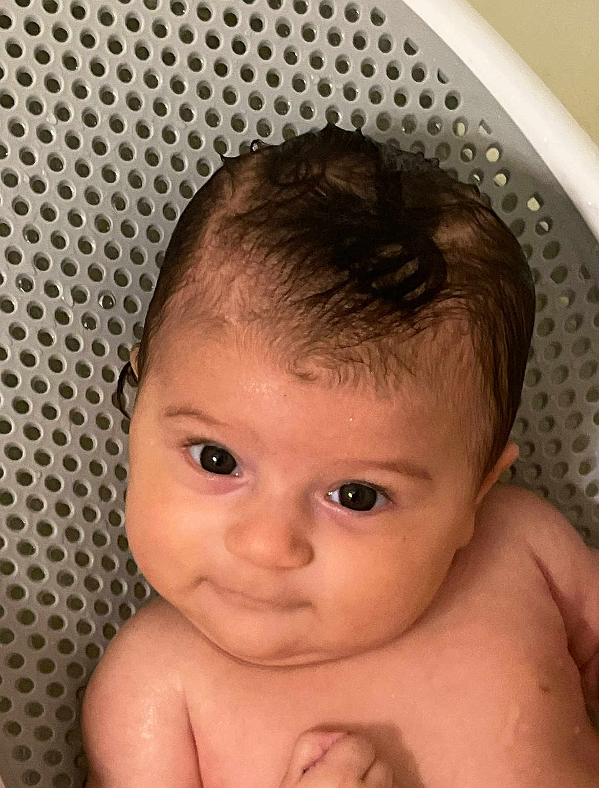 Isabella joined the competition — help win amazing prizes! baby, wet_hair, smile, face, skin, infant, expression, tub, water, closeup, child, cute, indoors, portrait, head, person, young, health, fresh, relaxation