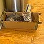 cat, tabby, cardboard_box, hardwood_floor, trash_can, whiskers, ears, yellow_eyes, pet, indoor, curled, sitting, box, gaze, curious, home, flooring, container, domestic_animal, small_animal