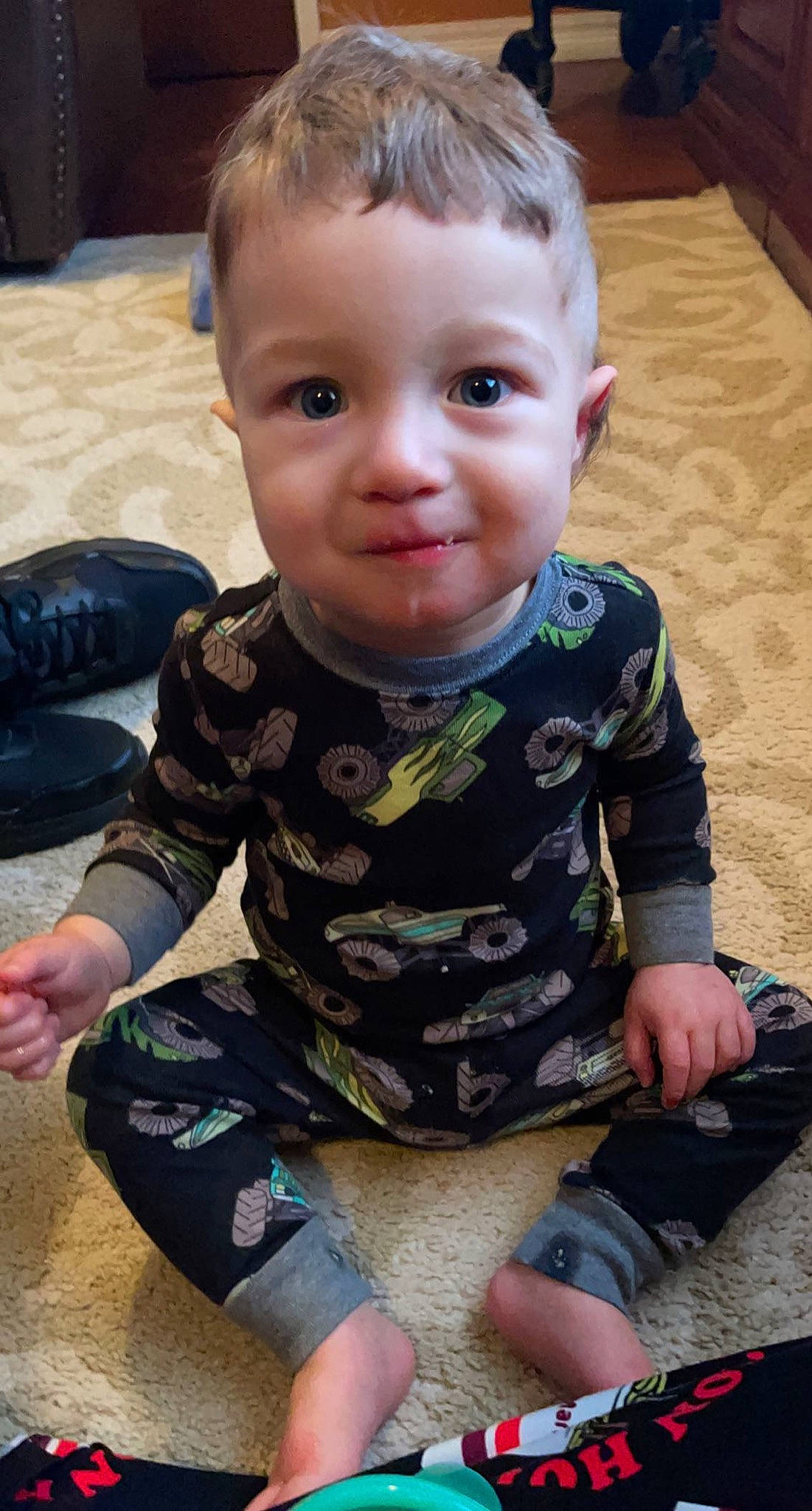 Brantley joined the competition — help win amazing prizes! baby, baby_toddler_clothing, cheek, chin, eye, face, facial_expression, finger, flooring, fun, hairstyle, head, iris, joy, mouth, nose, person, skin, sleeve, smile