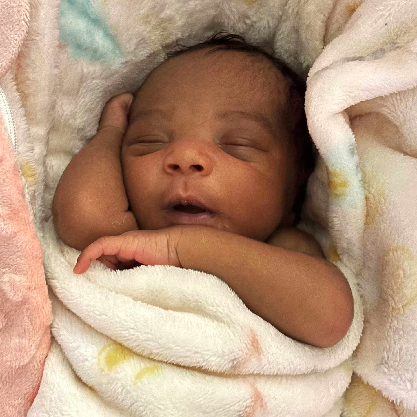 Tiera is registered to the contest to win money with this photo: arm, baby, blanket, child, closeup, comfort, cozy, cute, face, indoors, infant, newborn, peaceful, portrait, relaxation, rest, skin, sleeping, soft, wrapped
