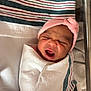 Tiera joined the competition — help win amazing prizes! newborn, baby, infant, wrapped, blanket, hospital, pink_hat, crying, yawning, face, striped_cloth, bed, soft, cute, person, portrait, sleepwear, newborn_baby, indoors, resting