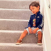 Arshman joined the competition — help win amazing prizes! child, kid, stairs, carpet, sitting, jacket, shorts, sneakers, indoor, casual, person, young, portrait, fashion, relaxed, cool, expression, home, wall, hand