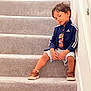 child, kid, stairs, carpet, sitting, jacket, shorts, sneakers, indoor, casual, person, young, portrait, fashion, relaxed, cool, expression, home, wall, hand