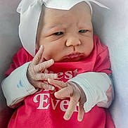 Jaylyn is registered to the contest to win money with this photo: baby, infant, headband, bow, red_shirt, hands, fingers, expression, face, closeup, blanket, cozy, newborn, person, cute, soft_lighting, indoors, portrait, child, clothing