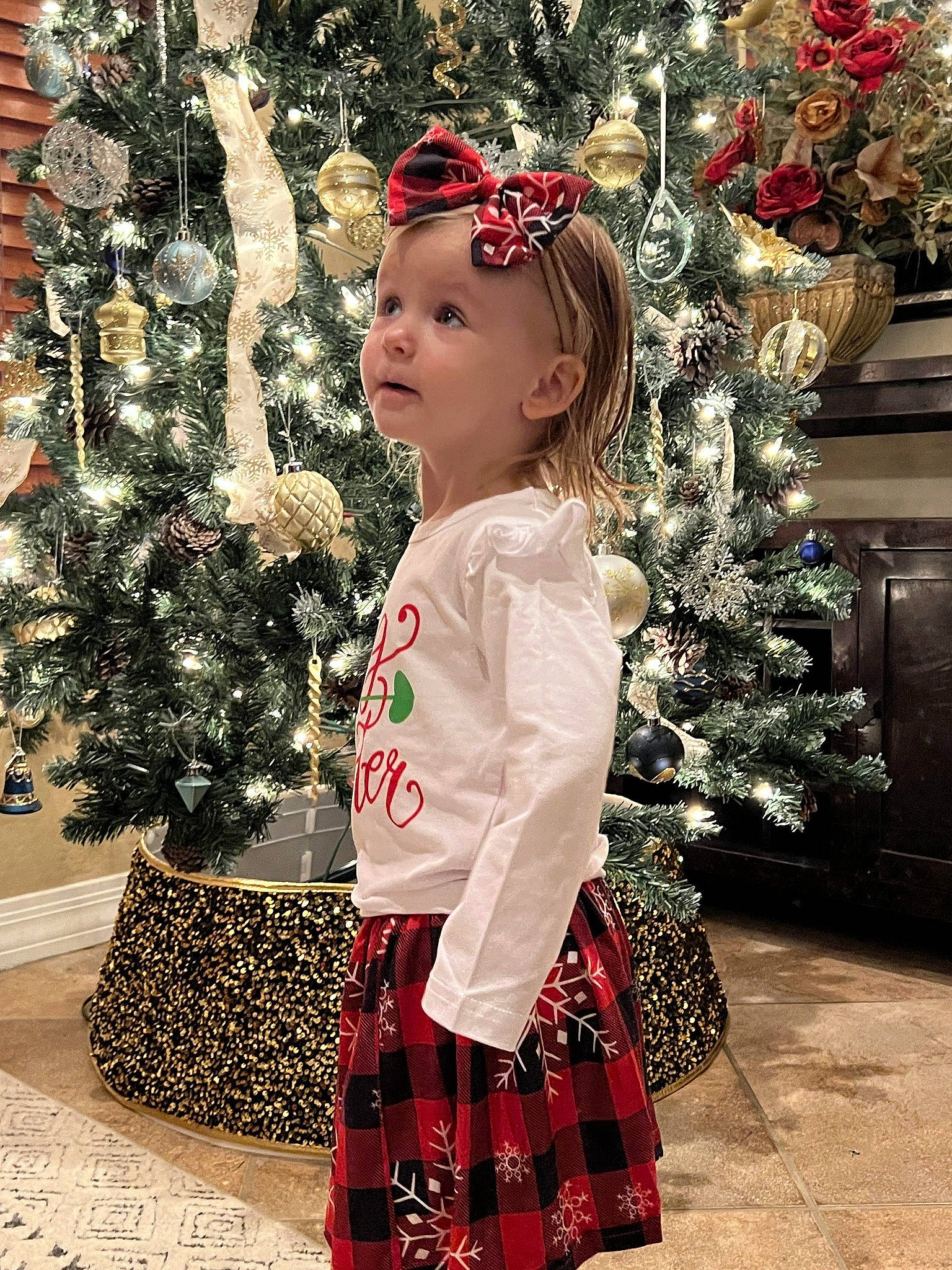 Paige is registered to the contest to win money with this photo: christmas_decoration, christmas_eve, christmas_ornament, christmas_tree, event, facial_expression, fashion, happy, headwear, holiday, holiday_ornament, ornament, pattern, person, plaid, plant, red, sleeve, snapshot, standing
