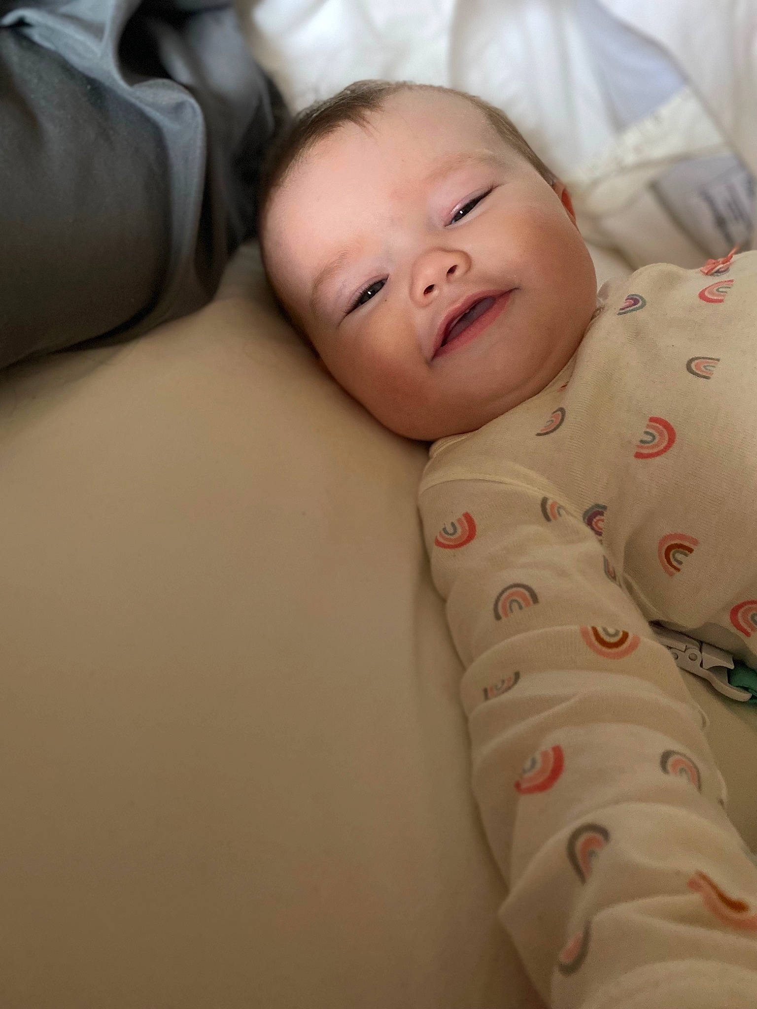 Mckinley joined the competition — help win amazing prizes! baby, baby_laughing, baby_products, baby_sleeping, baby_toddler_clothing, carmine, cheek, child, comfort, face, flooring, foot, happy, head, linens, pattern, person, room, sleeve, smile