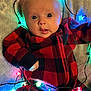 Echo is registered to the contest to win money with this photo: baby, infant, child, plaid, onesie, red, black, christmas_lights, colorful_lights, holiday, cozy, blanket, soft, cute, wide_eyes, expression, portrait, indoors, festive, warm