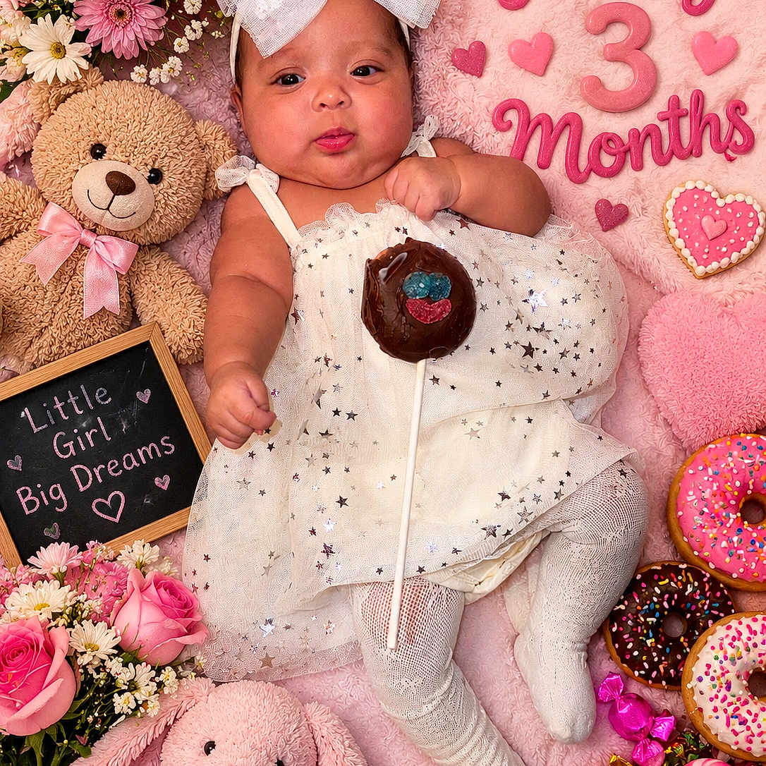 Ivy is registered to the contest to win money with this photo: baby, infant, child, girl, portrait, lying_down, smiling, bow, dress, tights, flowers, teddy_bear, stuffed_bunny, doughnuts, candy, cupcake, birthday, pink, blanket, indoor