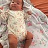 baby, child, infant, portrait, lying_down, blanket, floral_blanket, bed, bedroom, onesie, floral_clothing, face, hands, legs, feet, looking_at_camera, indoors, cozy, cute, photography