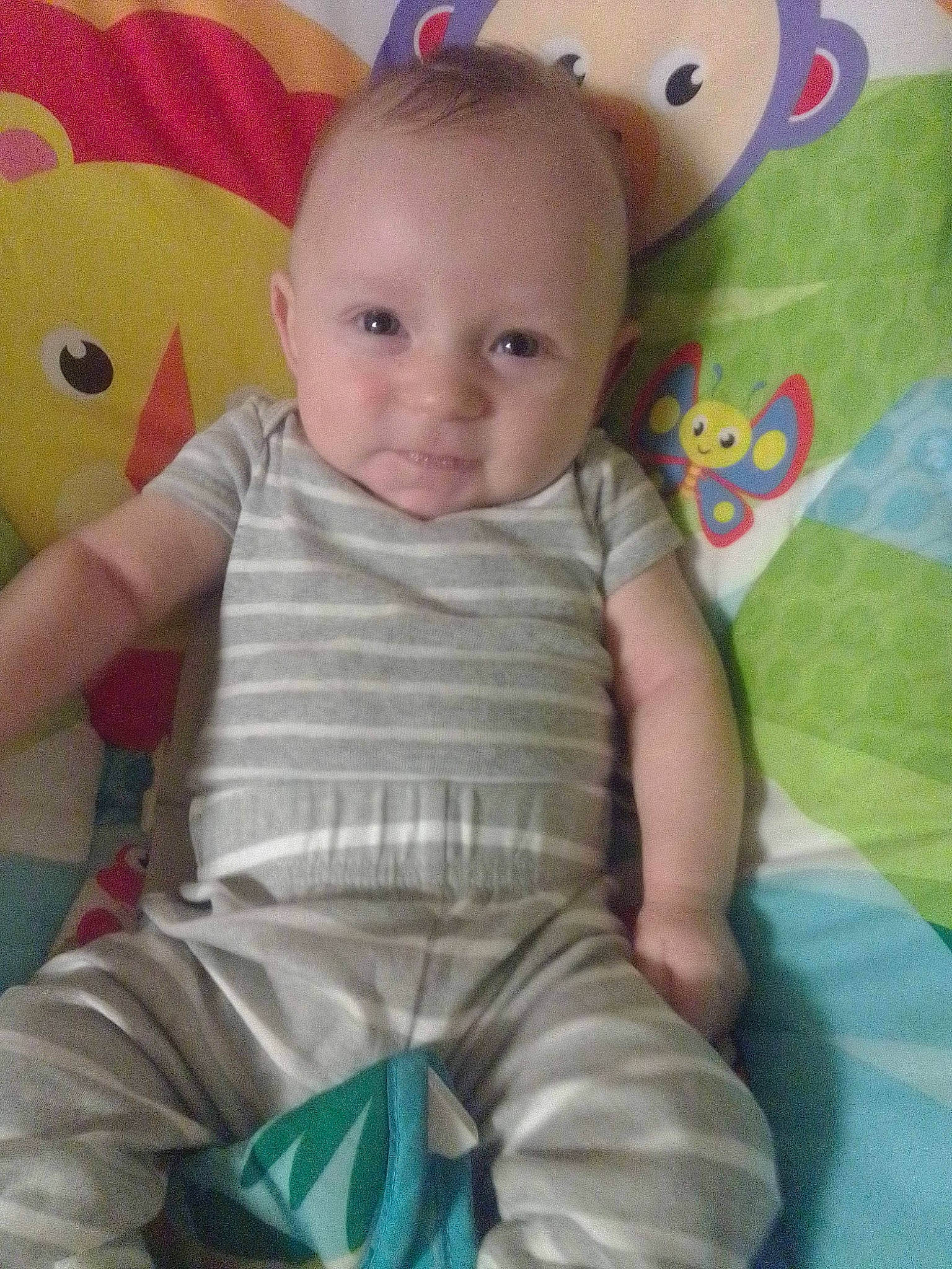 James joined the competition — help win amazing prizes! baby, baby_toddler_clothing, cheek, chin, eye, face, facial_expression, finger, happy, head, iris, mammal, nose, organ, person, pink, product, skin, sleeve, smile