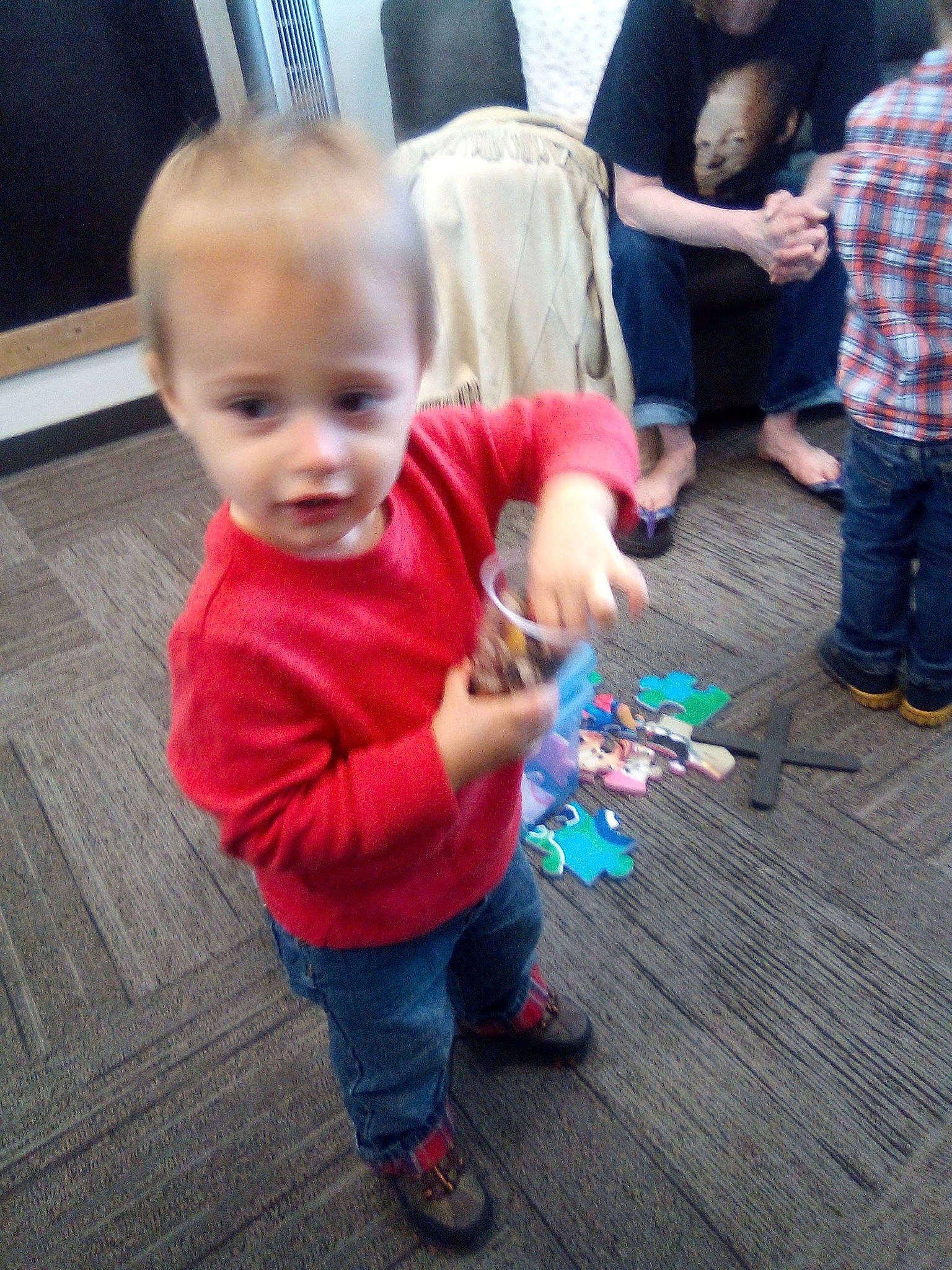 Payton joined the competition — help win amazing prizes! baby, baby_toddler_clothing, child, event, flooring, fun, gesture, hand, happy, jeans, leg, leisure, person, plaid, play, shoe, sitting, t_shirt, tartan, toddler