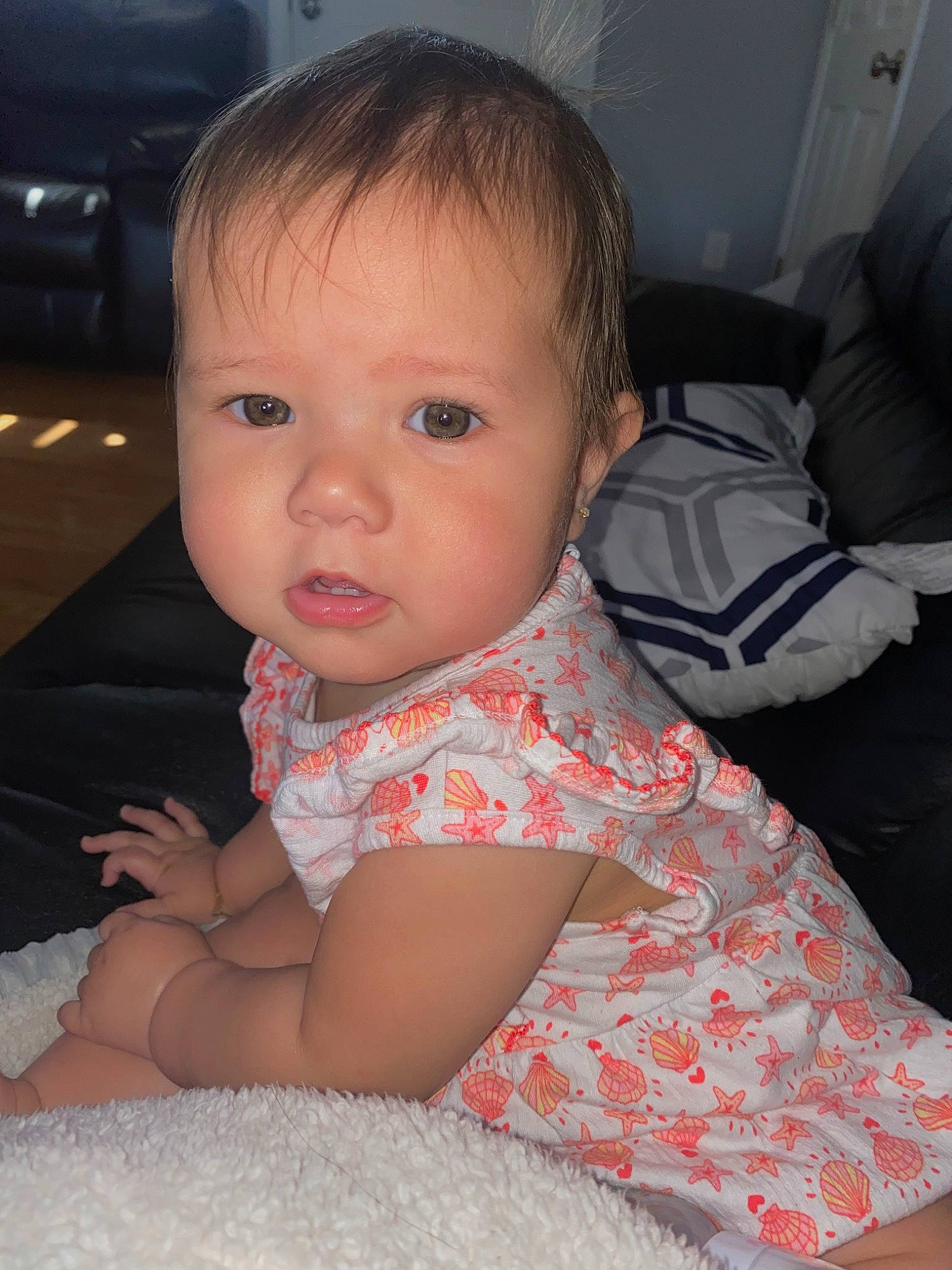 Camila is registered to the contest to win money with this photo: baby, baby_toddler_clothing, cheek, chin, comfort, eye, eyebrow, eyelash, finger, flash_photography, fun, iris, lip, mouth, nose, person, skin, sleeve, standing, toddler